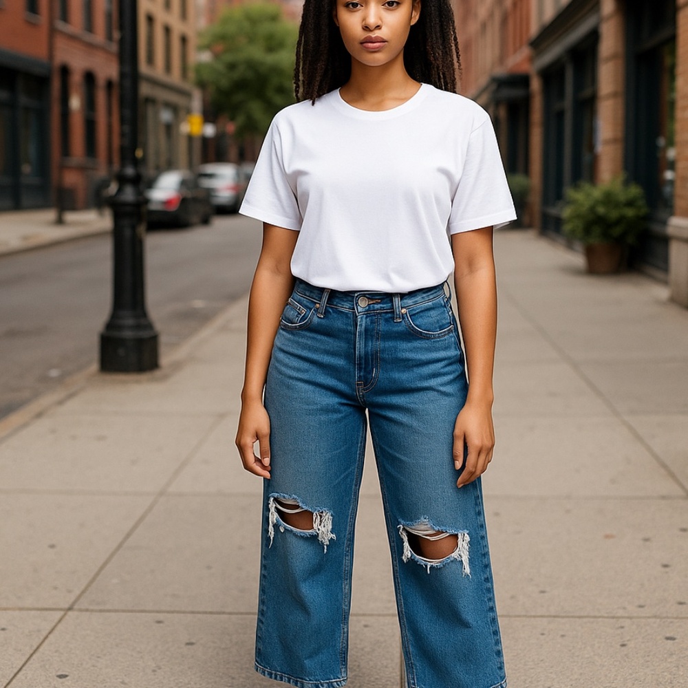 AMERICAN EAGLE Outfitters Women's HIGH WAIST RIPPED WIDE LEG CROPPED Jeans Sz-8